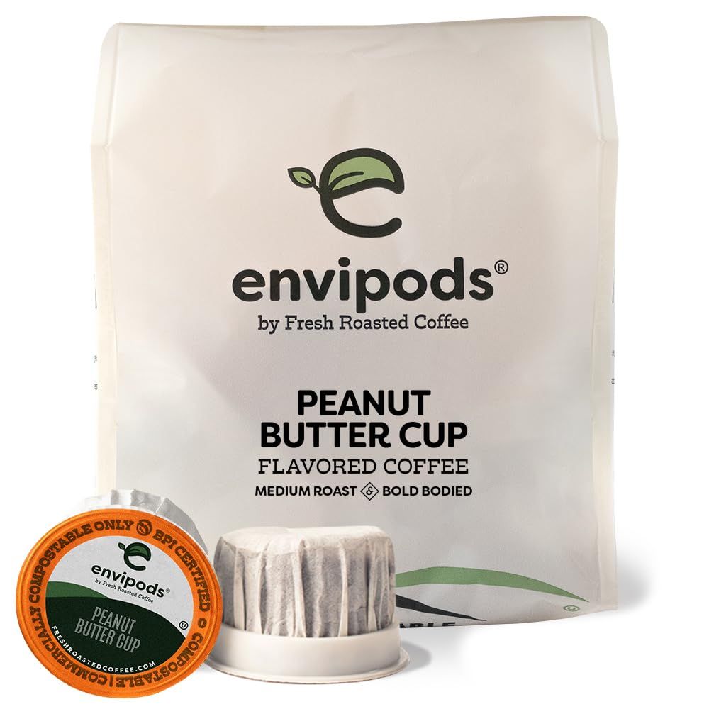Fresh Roasted Coffee, Peanut Butter Cup Flavored Compostable envipods, Medium Roast, Kosher, 12 Count,for Keurig K Cup Brewers | Not for use in Ninja or Hamilton Beach Brewers