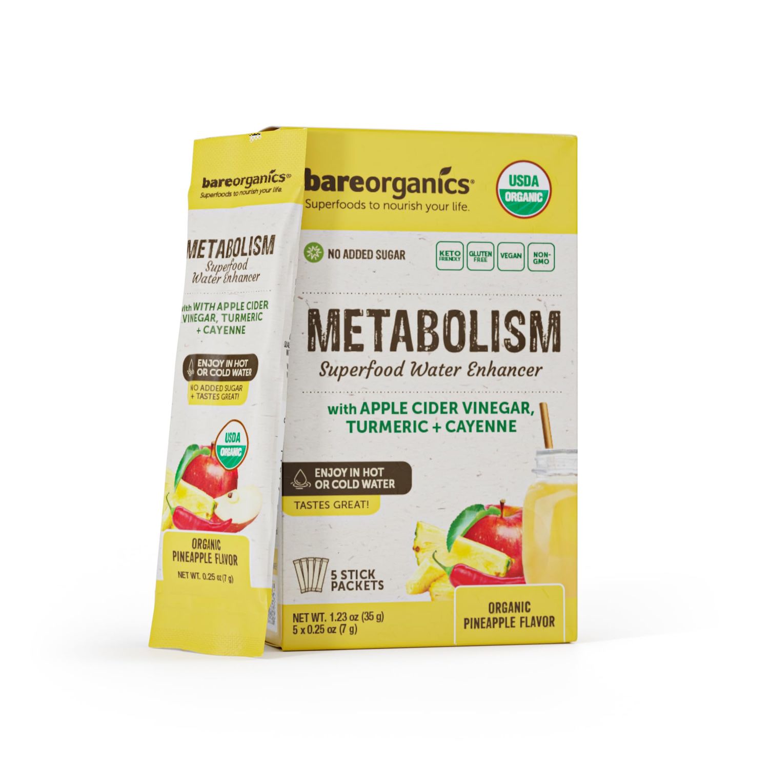 BareOrganics On-The-Go Metabolism Superfood Water Enhancer, Organic Water Enhancer, Lemon Flavored Water, Set of 5 Packets