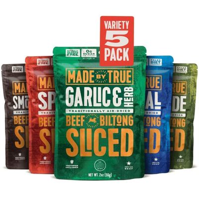 Made by True Beef Sliced Bites Ultimate Variety (2 Ounce, Pack of 5) - All Natural, Zero-Sugar True Jerky Biltong - High Protein, Keto, Paleo &amp; Whole 30 Diet - Sugar-Free, Gluten-Free, Carb-Free