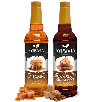 Syruvia Coffee Syrup Variety Pack - Caramel &amp; Brown Sugar Cinnamon- Gluten-Free, Kosher, 25.4 fl oz Bottles - Enhance Your Coffee Experience with Premium Flavoring Syrups