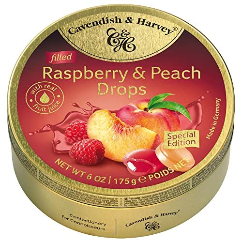 Cavendish &amp; Harvey | Raspberry &amp; Peach Filled Hard Candy Drops | 6 Ounce Tin