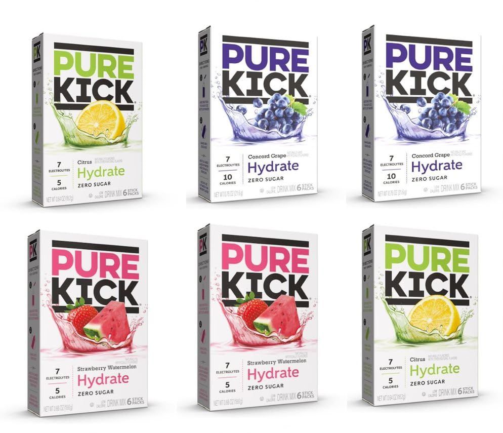 Pure Kick Hydration Singles To Go Drink Mix, Variety Pack, 2 Boxes Citrus, 2 Boxes Strawberry Watermelon, 2 Boxes Concord Grape (36 Single Servings)