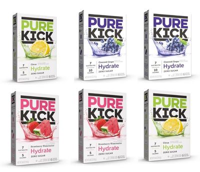 Pure Kick Hydration Singles To Go Drink Mix, Variety Pack, 2 Boxes Citrus, 2 Boxes Strawberry Watermelon, 2 Boxes Concord Grape (36 Single Servings)