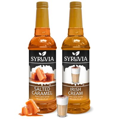 Syruvia Coffee Syrup Variety Pack - Salted Caramel &amp; Irish Cream- Gluten-Free, Kosher, 25.4 fl oz Bottles - Enhance Your Coffee Experience with Premium Flavoring Syrups