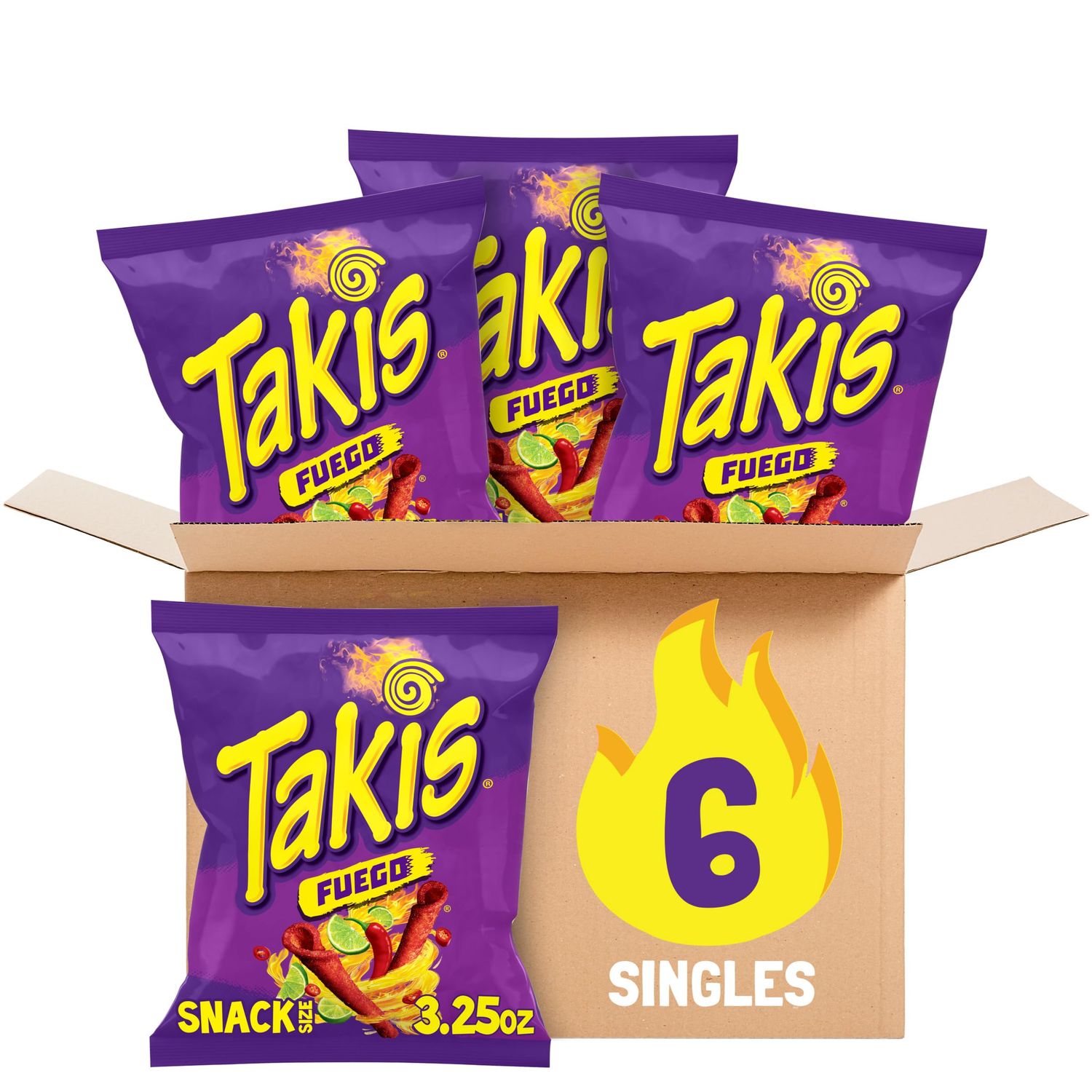 Takis Fuego 6 pc / 3.25 oz Snack Size Case, Hot Chili Pepper &amp; Lime Flavored Extreme Spicy Rolled Tortilla Chips