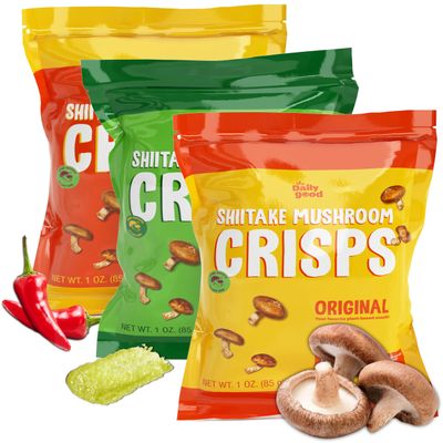 The Daily Good Shiitake Mushroom Crisps - 3-Pack Mushroom Chips, Gluten-Free Mushroom Snack, Non-GMO, Original, Wasabi, and Mexican Chili Flavors, Vegan Food,Vegan Chips, Vegan Snacks,0.2 lbs