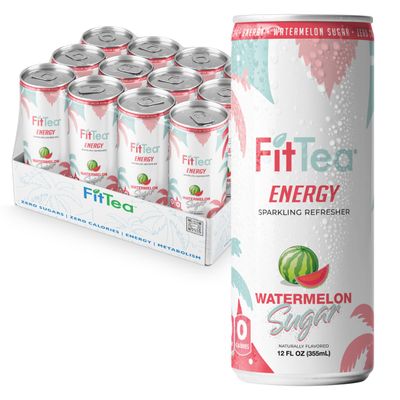 FitTea Healthy Energy Drink 12 Fl Oz - Watermelon Sugar Sparkling Refresher (12 Pack) Zero Calories Natural Green Tea Energy Drinks Sugar Free