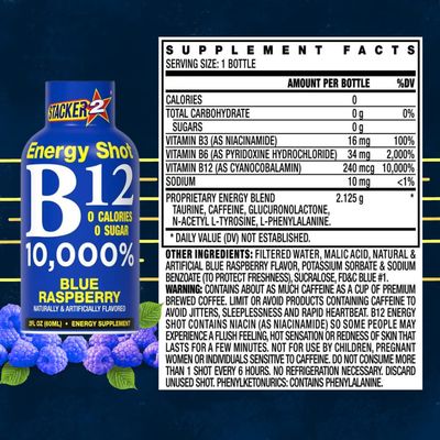 Stacker 2 Blue Raspberry B12 Energy Shot, 2oz (Pack of 24)