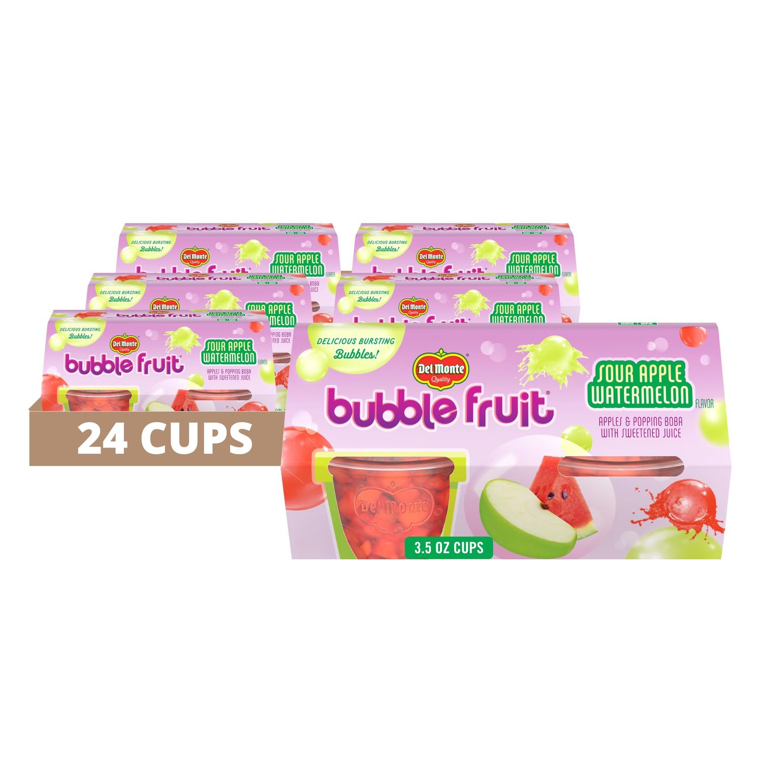 DEL MONTE BUBBLE FRUIT Sour Apple Watermelon FRUIT CUP Snacks, 4 Count (Pack of 6)