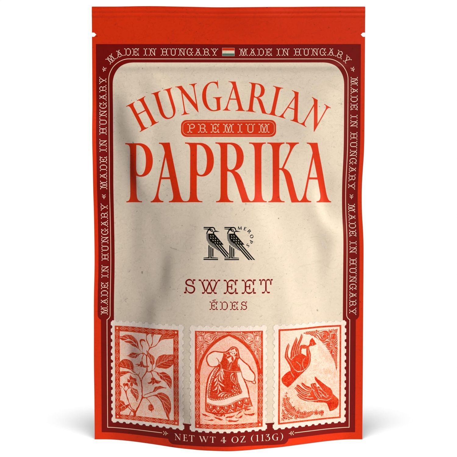 Premium SWEET Hungarian Paprika Powder (4 oz) - Non-GMO - Vibrant Deep Red Color - Protected Designation of Origin (PDO): Szeged Region, Hungary - Authentic Seasoning Spice in Resealable Bag by MEROPS
