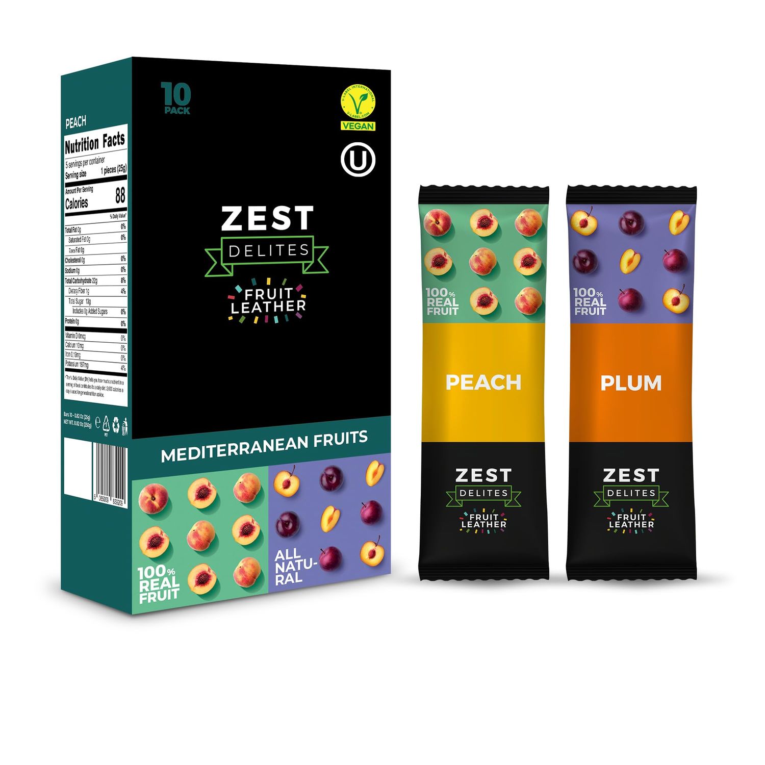 Fruit Snacks by Zest Delites, Fruit Leather, Healthy Snacks for Adults, Dried Fruit Bars, Gluten Free Fruit Strips, Vegan Healthy Snacks, Fruit Strips, Apple-Based, Peach, Plum, 0.88 oz x 10