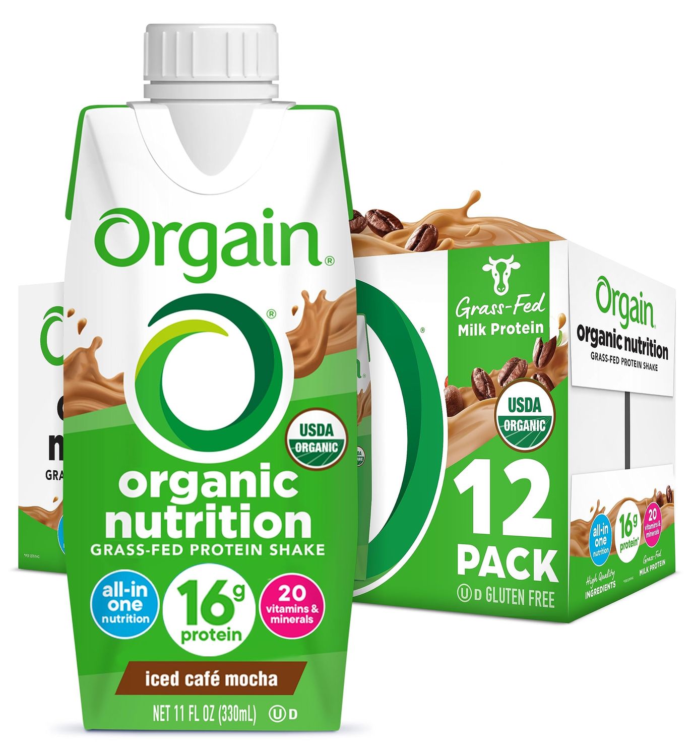Orgain Organic Nutritional Protein Shake, Iced Caf Mocha - 16g Grass Fed Whey Protein, Meal Replacement, 20 Vitamins &amp; Minerals, Fruits &amp; Vegetables, Gluten Free, Non-GMO, 11 Fl Oz (12 Pack)