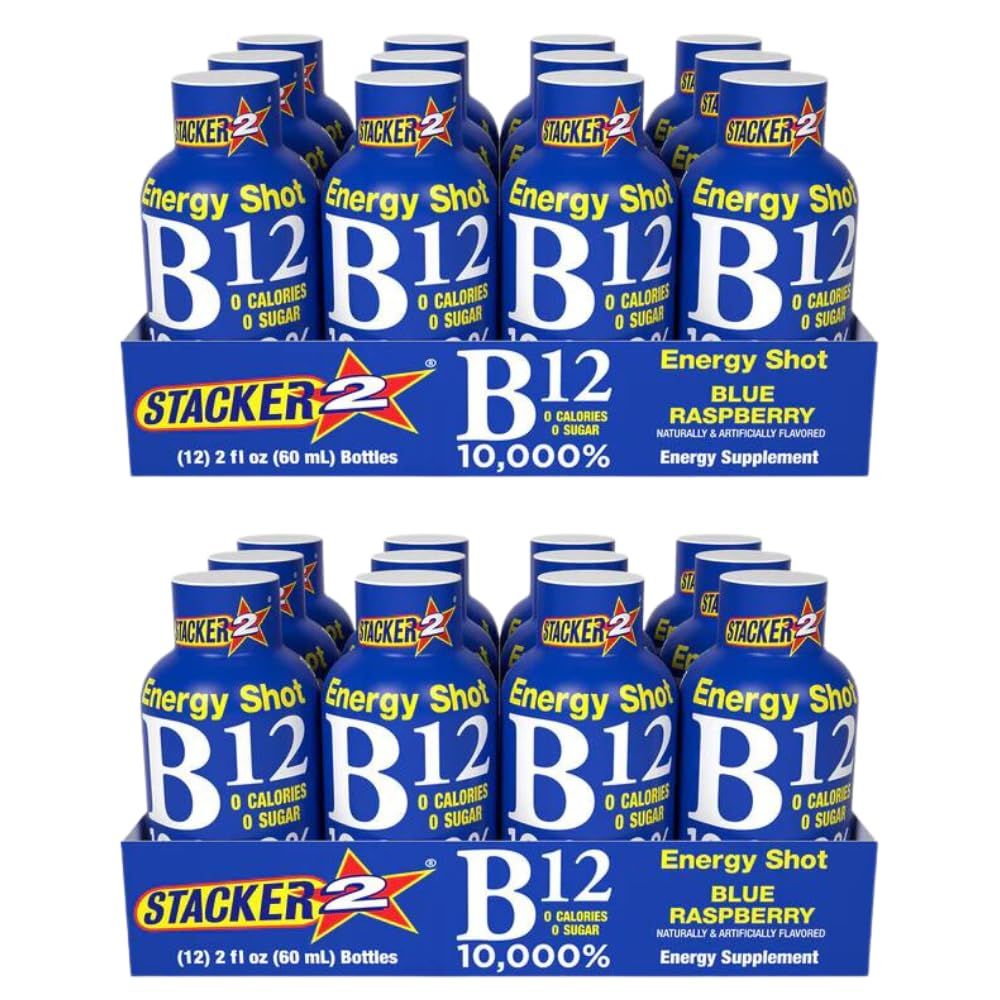 Stacker 2 Blue Raspberry B12 Energy Shot, 2oz (Pack of 24)