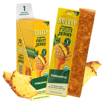 SOLELY - Organic Pineapple Fruit Jerky - 12 Individually Wrapped Fruit Strips - Fruit Leather Made from Dried Fruit - Healthy Snacks for Adults &amp; Kids - Non GMO, Vegan Snacks - 0.8oz (23g)