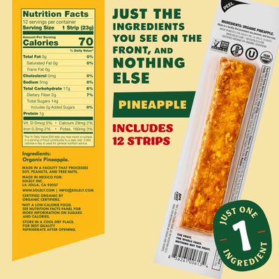 SOLELY - Organic Pineapple Fruit Jerky - 12 Individually Wrapped Fruit Strips - Fruit Leather Made from Dried Fruit - Healthy Snacks for Adults &amp; Kids - Non GMO, Vegan Snacks - 0.8oz (23g)