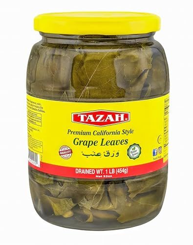 Tazah Grape Leaves in a Jar 16oz Drained California Style Turkish Vine Leaves Great For Stuffed Grape Leaves Dolma Halal Vegetarian Vegan - Net 32oz
