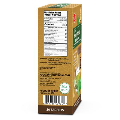 Pocas Honey Ginger Tea - Instant Tea Powder Packets with Green Tea Extract &amp; Ginger Honey Crystals Tea, Non-GMO/Gluten Free/Caffeine Free Tea, 20 Count
