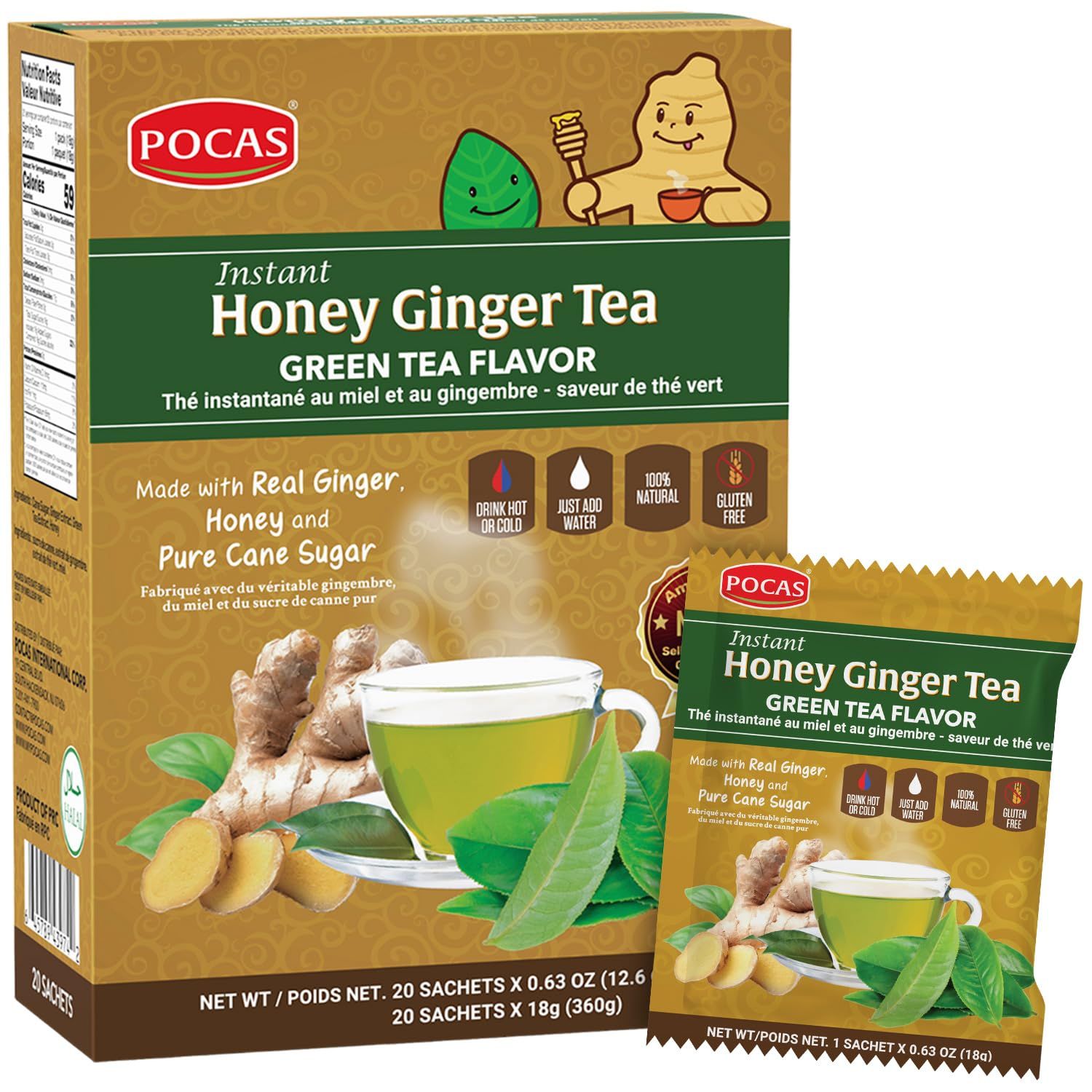 Pocas Honey Ginger Tea - Instant Tea Powder Packets with Green Tea Extract &amp; Ginger Honey Crystals Tea, Non-GMO/Gluten Free/Caffeine Free Tea, 20 Count