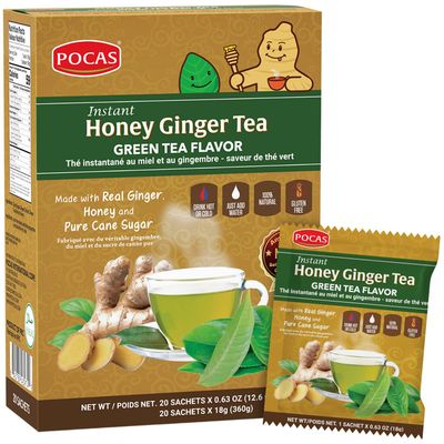Pocas Honey Ginger Tea - Instant Tea Powder Packets with Green Tea Extract &amp; Ginger Honey Crystals Tea, Non-GMO/Gluten Free/Caffeine Free Tea, 20 Count
