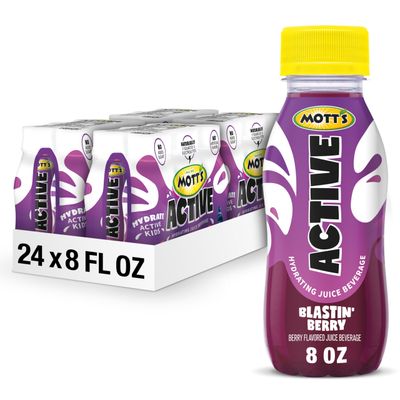 Mott&#39;s Active Blastin&#39; Berry Hydrating Juice Beverage, 8 Fl Oz Bottles, 24 Count (4 Packs Of 6), Made With Naturally Sourced Electrolytes &amp; Coconut Water, Gluten &amp; Caffeine-free, Kosher
