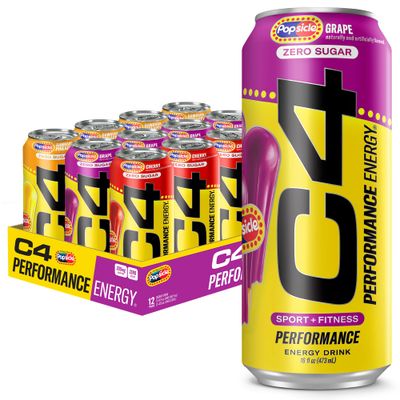C4 Energy Drink x Popsicle Variety Pack Carbonated Sugar Free Pre Workout Performance Drink with no Artificial Colors or Dyes 3 Flavors  Grape Hawaiian Pineapple and Cherry 16 Oz Pack of 12