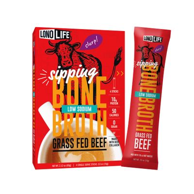 LonoLife Low Sodium Beef Bone Broth Powder Mix | Grass-Fed, 10g Protein | Collagen-Rich, Keto &amp; Paleo Friendly | Natural Ingredients | 4 Portable Stick Pack Servings