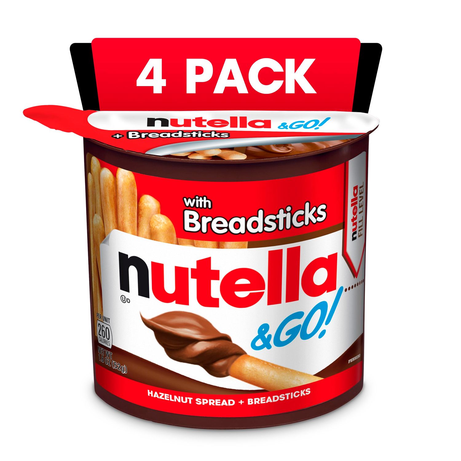 Nutella and Go Snack Packs, Chocolate Hazelnut Spread with Breadsticks, Perfect Bulk Snacks for Kids&#39; Lunch Boxes, 1.8 oz, Pack of 4