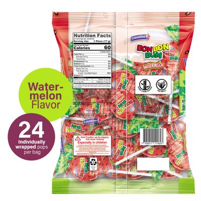Colombina Bon Bon Bum Lollipops w/Bubble Gum Center, Watermelon Flavor, Individually Wrapped, Ideal for Party Favors and Gifts, 1 Pack (24 Count)