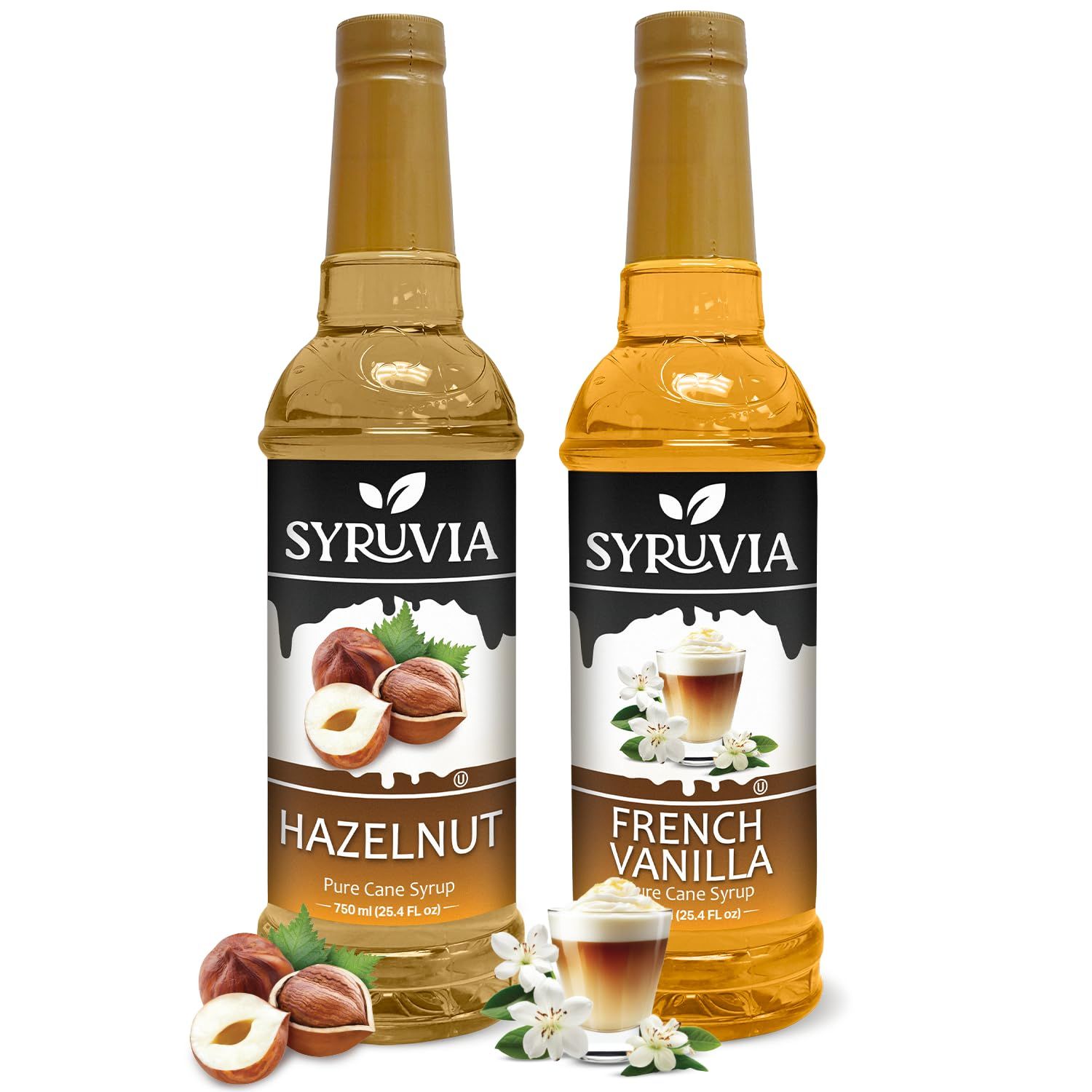 Syruvia Coffee Syrup Variety Pack - Hazelnut &amp; French Vanilla- Gluten-Free, Kosher, 25.4 fl oz Bottles - Enhance Your Coffee Experience with Premium Flavoring Syrups