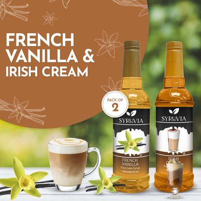Syruvia Coffee Syrup Variety Pack - French Vanilla &amp; Irish Cream- Gluten-Free, Kosher, 25.4 fl oz Bottles - Enhance Your Coffee Experience with Premium Flavoring Syrups