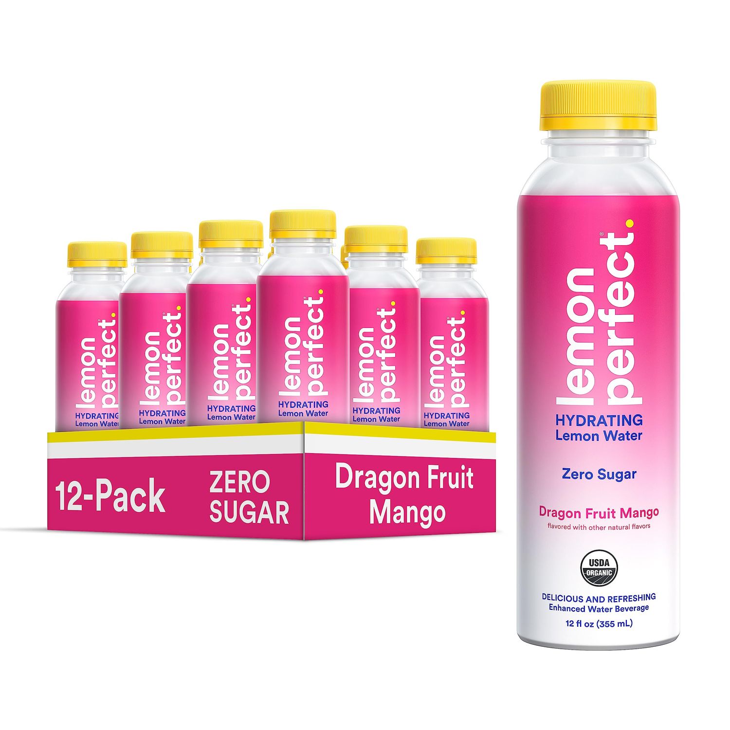 Lemon Perfect, Hydrating Organic Lemon Water, Zero Sugar, Flavored Water, Squeezed from Real Fruit, Plastic Neutral, No Artificial Ingredients, Dragon Fruit Mango (12oz Bottles) 12pk