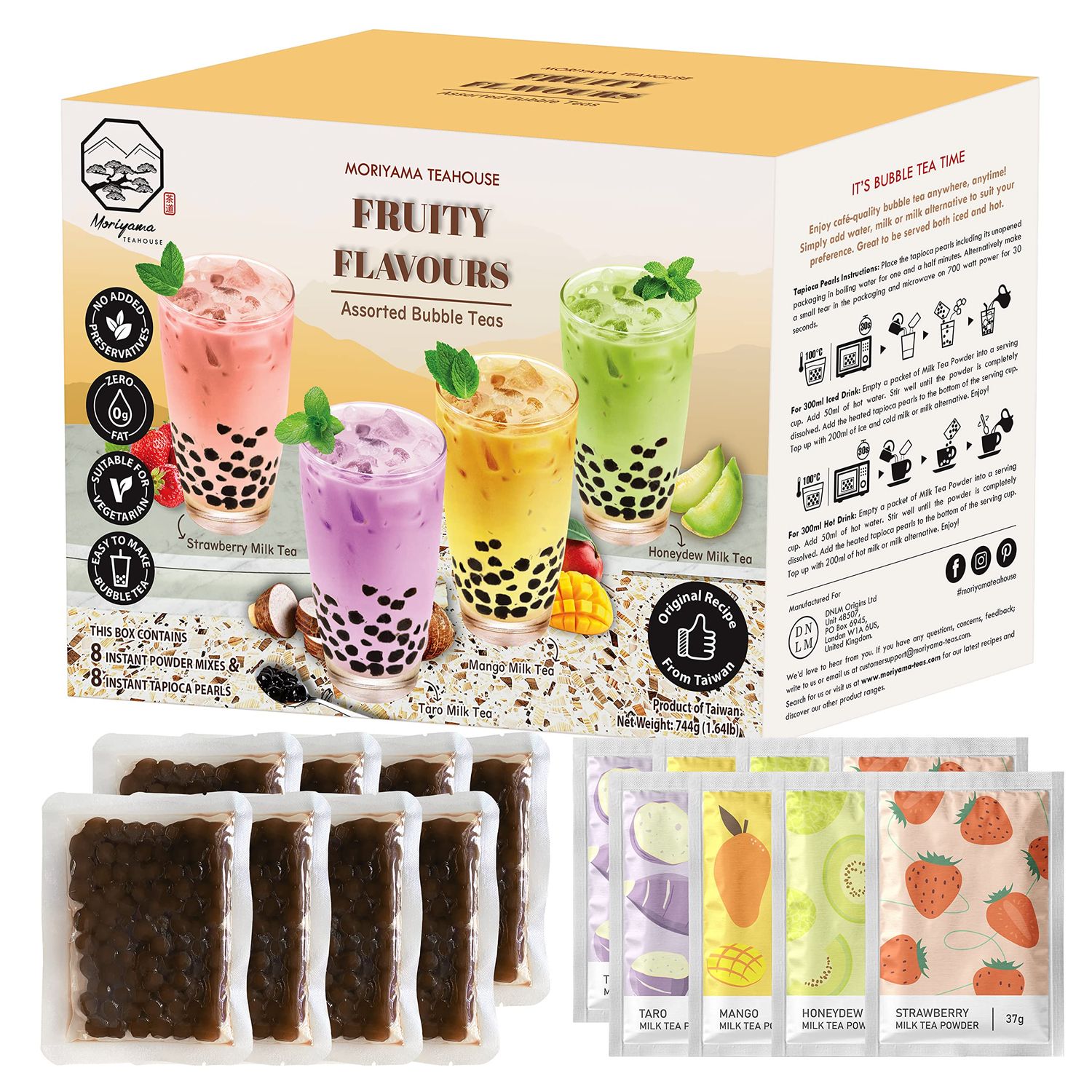 Bubble Boba Tea Kit with Instant Tapioca Pearls and Milk Tea Powders | Makes 8 Drinks | Assorted Fruity Flavours include Taro, Mango, Honeydew, Strawberry in Individual Sachets by Moriyama Teahouse