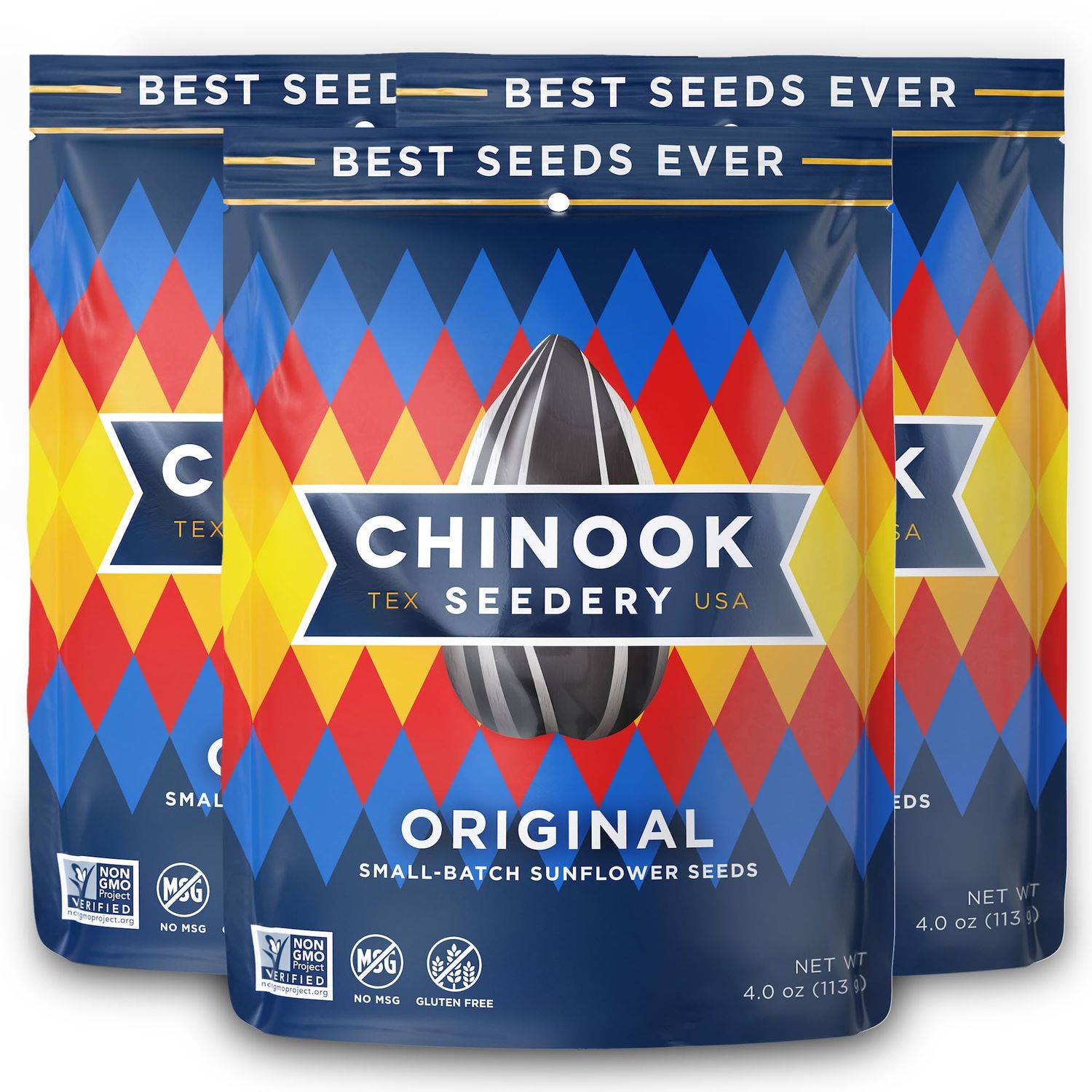 Chinook Seedery Roasted Sunflower Seeds - Jumbo Seeds Keto Snacks - Best For Snack Packs - Gluten Free, Non GMO Snack Food Gifts - 4 Ounce (Pack of 3) - Original Flavor Pack
