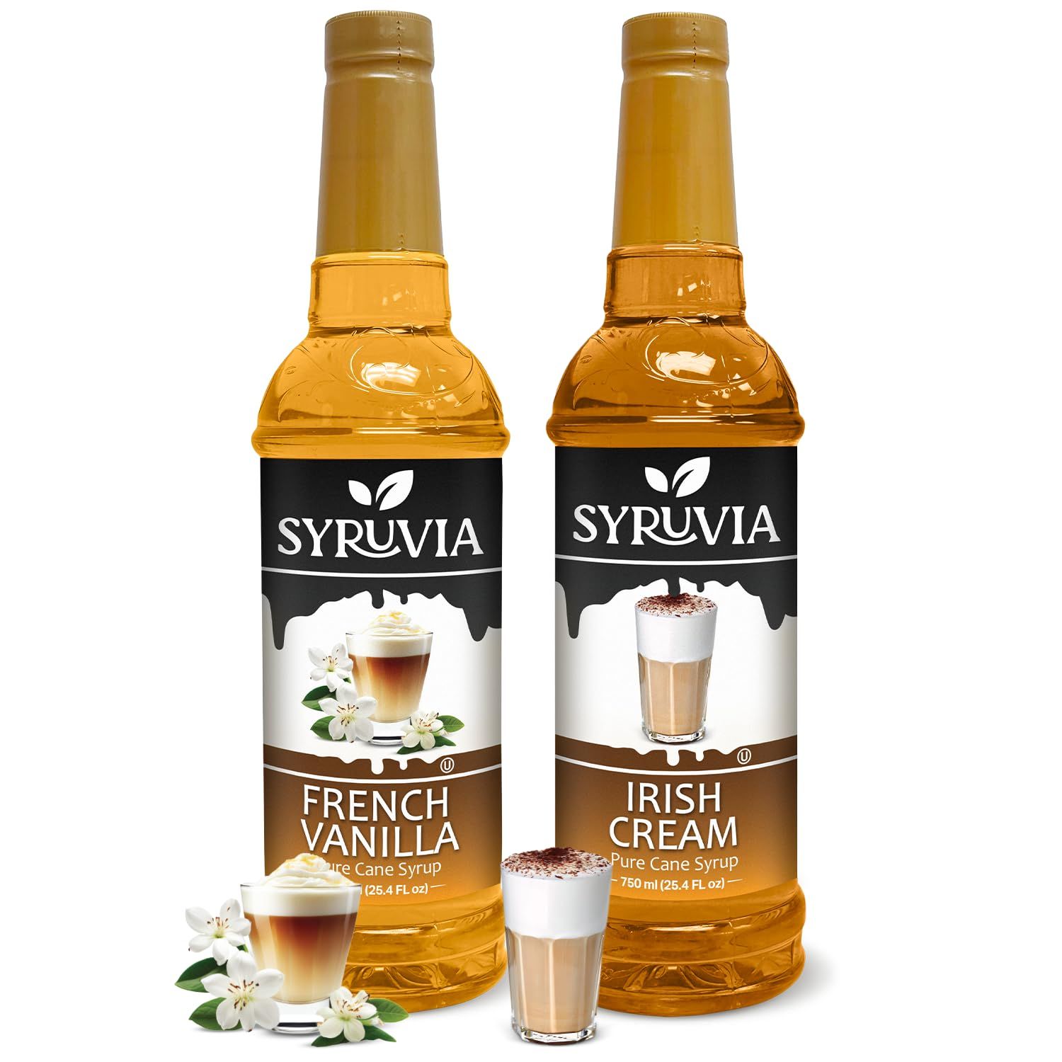 Syruvia Coffee Syrup Variety Pack - French Vanilla &amp; Irish Cream- Gluten-Free, Kosher, 25.4 fl oz Bottles - Enhance Your Coffee Experience with Premium Flavoring Syrups