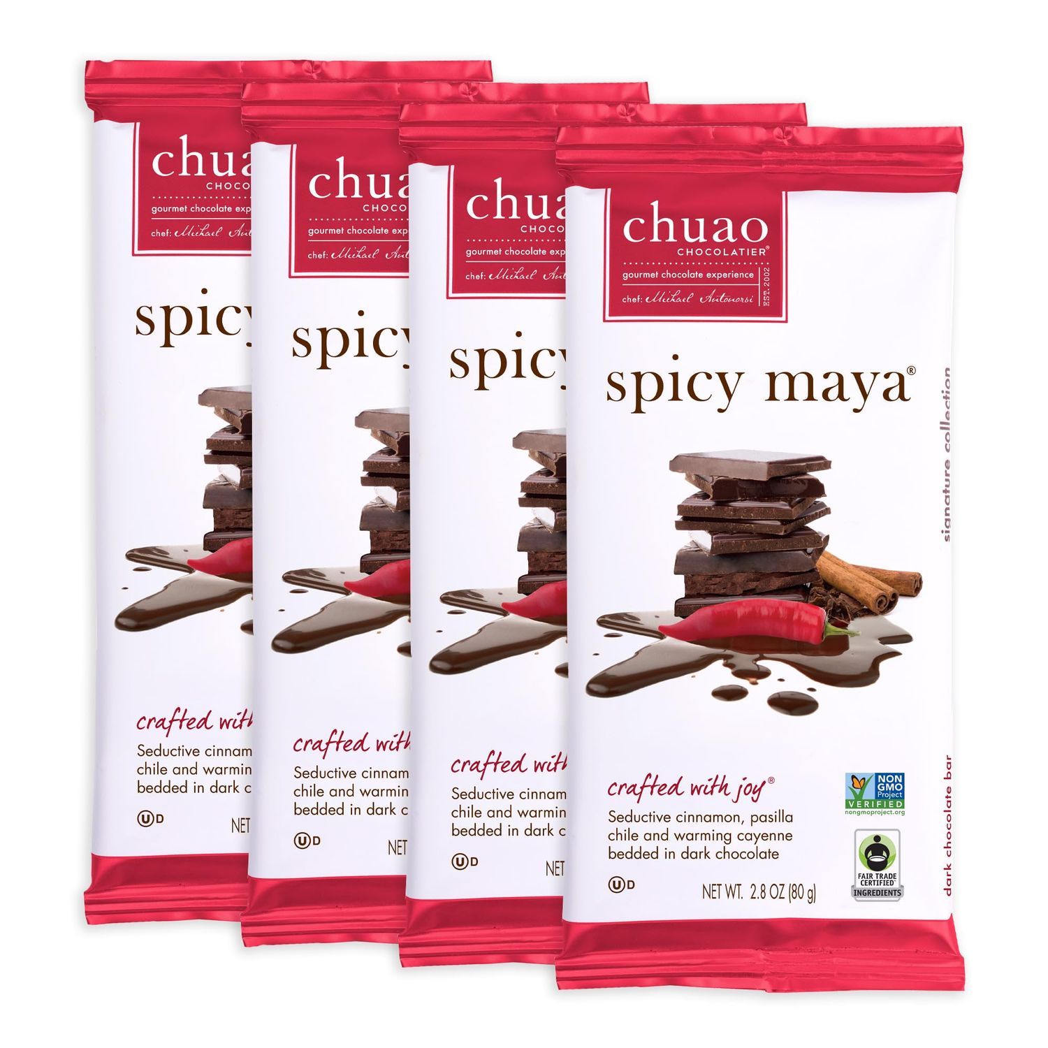 Chuao Chocolatier Spicy Maya Dark Chocolate Bars | Gourmet Cinnamon Cayenne Artisan No Preservatives | 4 Pack (2.8 oz each)