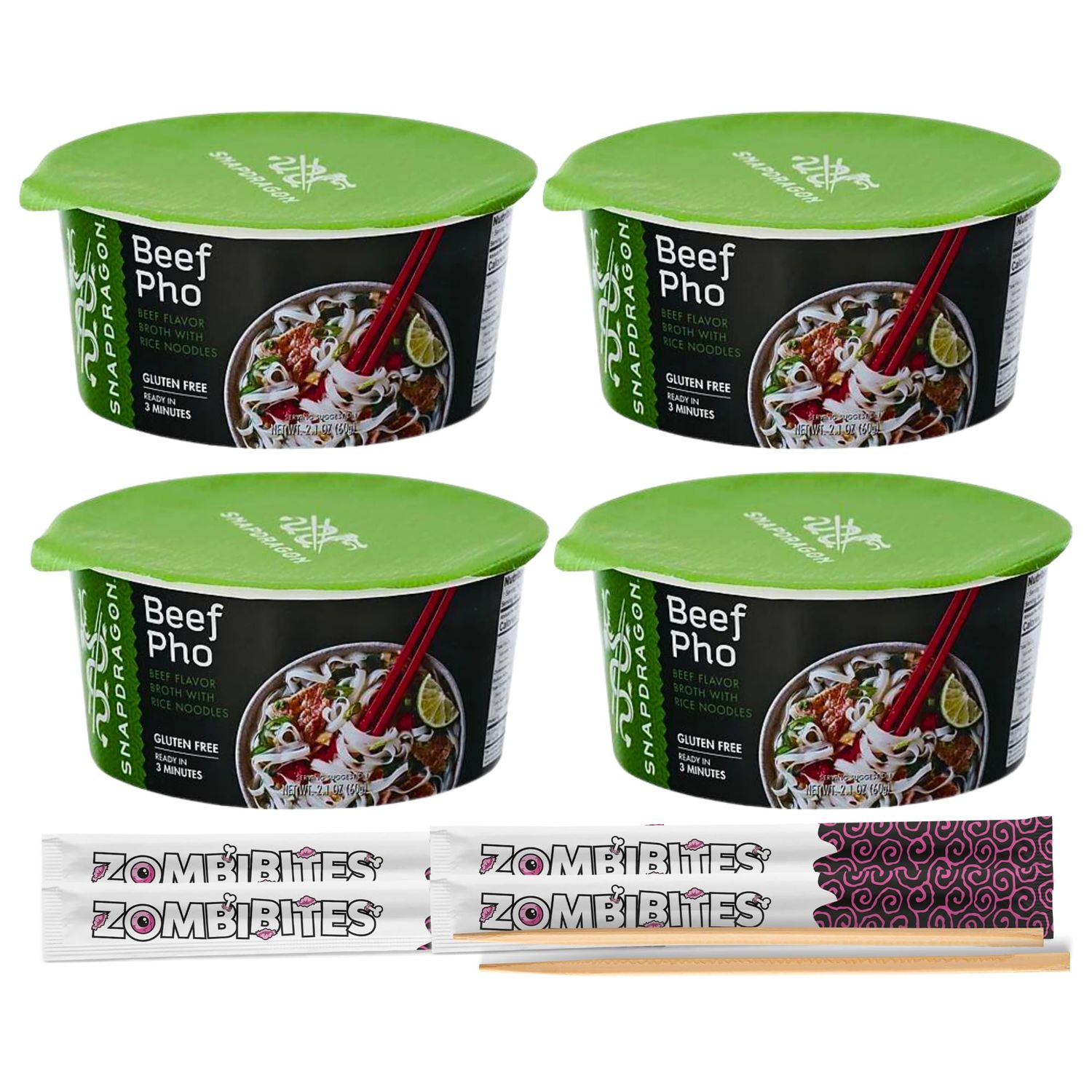 Instant Pho Noodle Bowls Bundle. Includes Four-2.1 Oz Snapdragon Vietnamese Pho Bowls in Beef Broth Soup and 4 Pairs of Zombibites Chopsticks! Snapdragon Vietnamese Pho Noodle Bowls are Gluten Free!