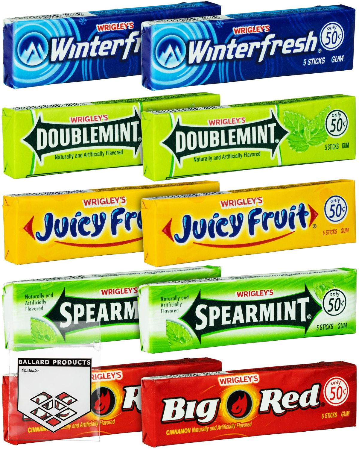 Wrigley Chewing Gum Variety Pack of 10 - All 5 Flavors of Wrigley Gum - Juicy Fruit, Spearmint, Doublemint, Winter Fresh, and Big Red - Bundle with Ballard Products Pocket Bag