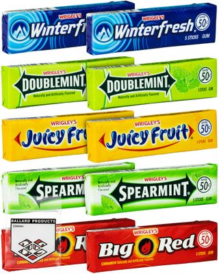 Wrigley Chewing Gum Variety Pack of 10 - All 5 Flavors of Wrigley Gum - Juicy Fruit, Spearmint, Doublemint, Winter Fresh, and Big Red - Bundle with Ballard Products Pocket Bag