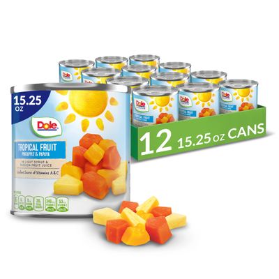 Dole Canned Tropical Fruit in Light Syrup &amp; Passionfruit Juice, Pineapple &amp; Papaya, Gluten Free, Pantry Staples, 15.25 Oz, 12 Count, Packaging May Vary