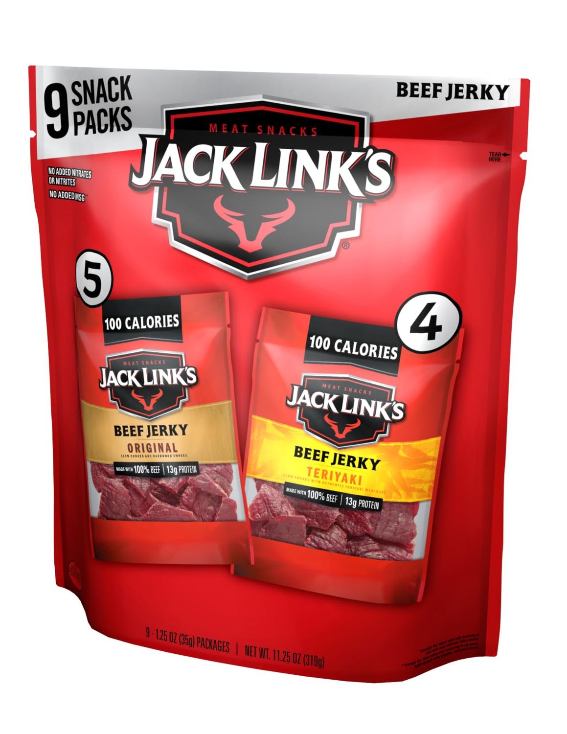 Jack Link&#39;s Beef Jerky Variety - Includes Original and Teriyaki Flavors, On the Go Snacks, 13g of Protein Per Serving, 9 Count of 1.25 Oz Bags (Pack of 1)