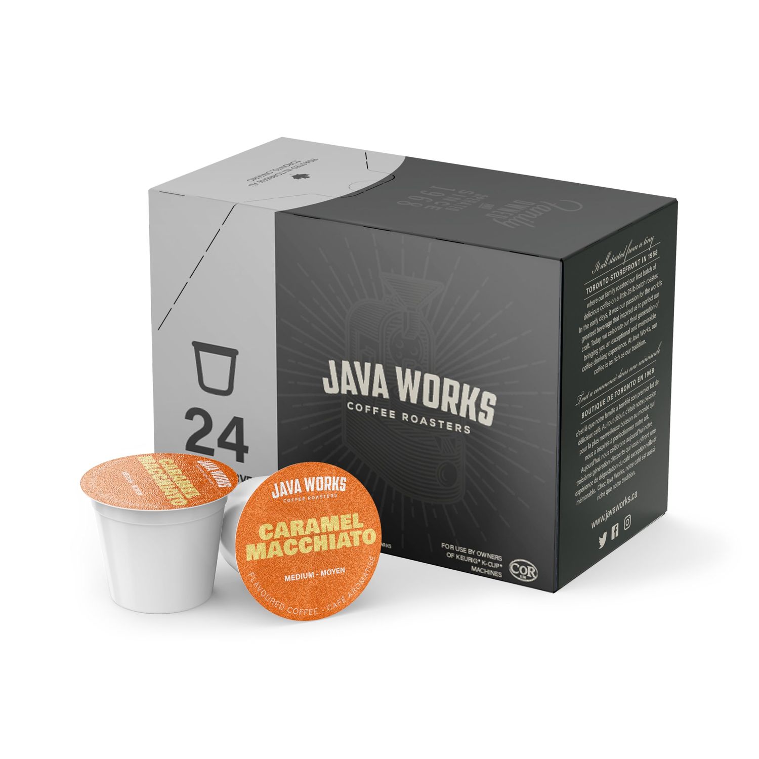 Java Works Coffee - Caramel Macchiato Flavored Coffee Single Serve Capsules | Compatible with Keurig K-Cup Brewers | 24 count