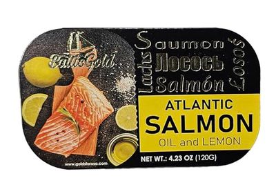 Baltic Gold Atlantic Salmon Fillets - 4.23 oz (120g) - Product of Latvia (In Oil &amp; Lemon, 11 Pack)