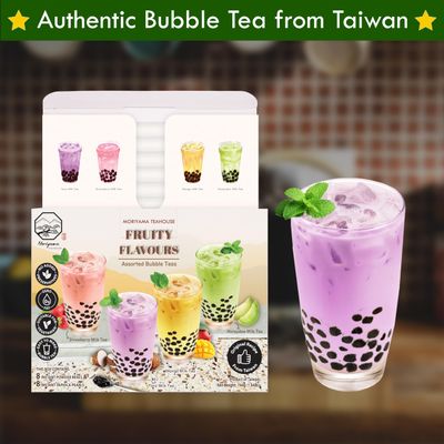 Bubble Boba Tea Kit with Instant Tapioca Pearls and Milk Tea Powders | Makes 8 Drinks | Assorted Fruity Flavours include Taro, Mango, Honeydew, Strawberry in Individual Sachets by Moriyama Teahouse