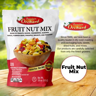 FRUIT NUT MIX TRAIL MIX by PREMIUM ORCHARD - Gourmet Trail Mix Bulk Blend of Mixed Nuts &amp; Dried Fruit - Healthy Vegan Snacks, Snack Nut Mix, Plant Protein Source, Non-GMO, Natural - 18oz