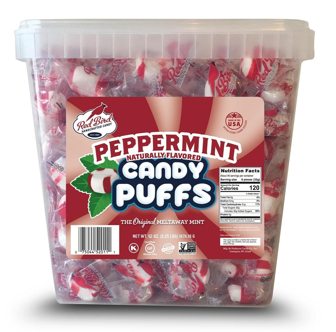 Red Bird Soft Peppermint Puffs 52 oz Tub, Individually Wrapped Mints, Gluten Free, Kosher, Free from Top Allergens, 100% Pure Cane Sugar