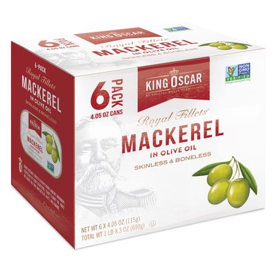 King Oscar Mackerel in Olive Oil, 4.05 Ounce Can (Pack of 6), Skinless &amp; Boneless, Wild Caught Canned Mackerel