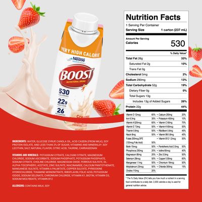 Boost Very High Calorie Strawberry Nutritional Drink - 22g Protein, 530 Nutrient Rich Calories, 8 Fl Oz (Pack of 24)