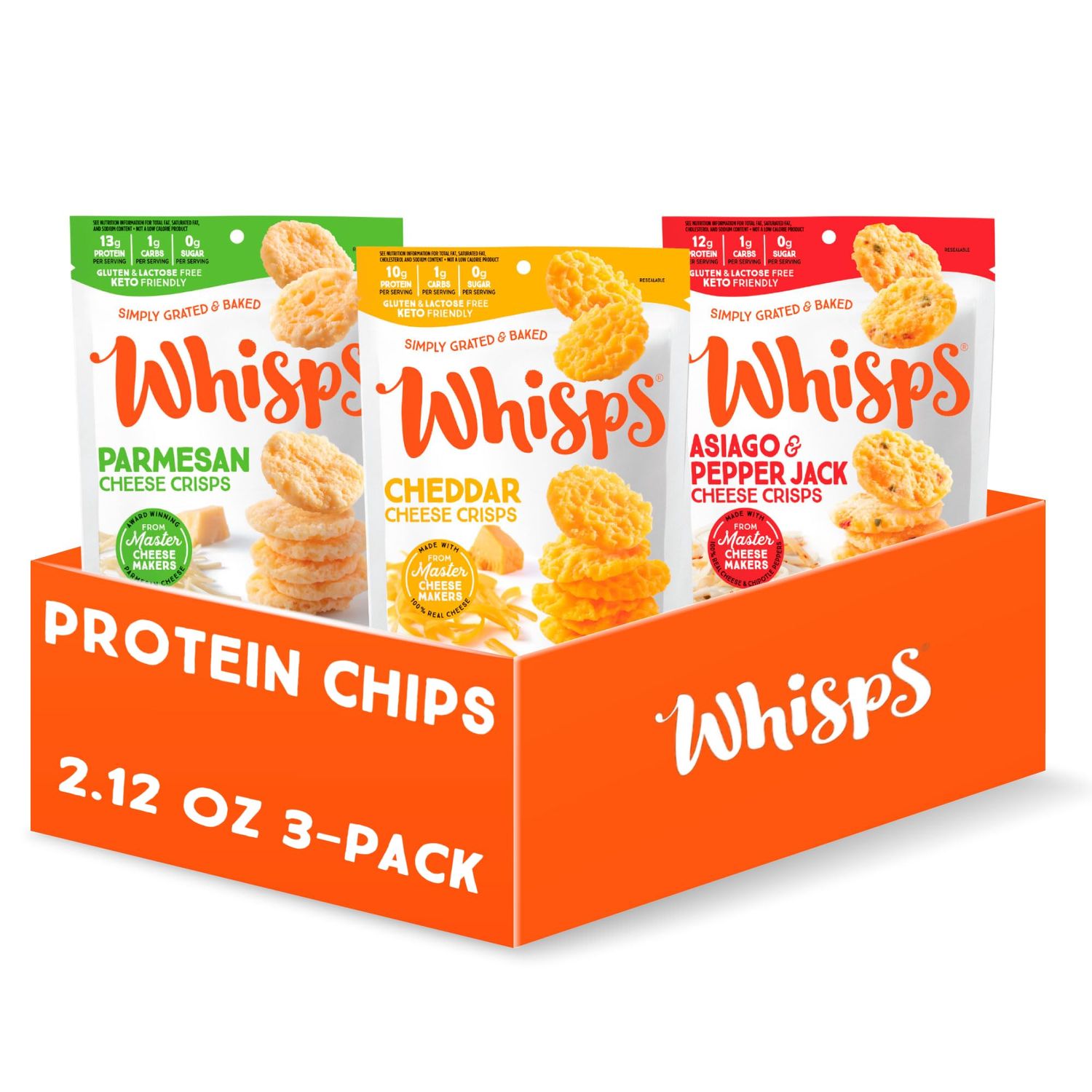 Whisps Cheese Crisps Variety Pack | Protein Chips | Healthy Snacks | Protein Snacks, Gluten Free, High Protein, Low Carb Keto Food | Parmesan, Asiago, Cheddar Cheese (2.12 Oz, 3 Pack)