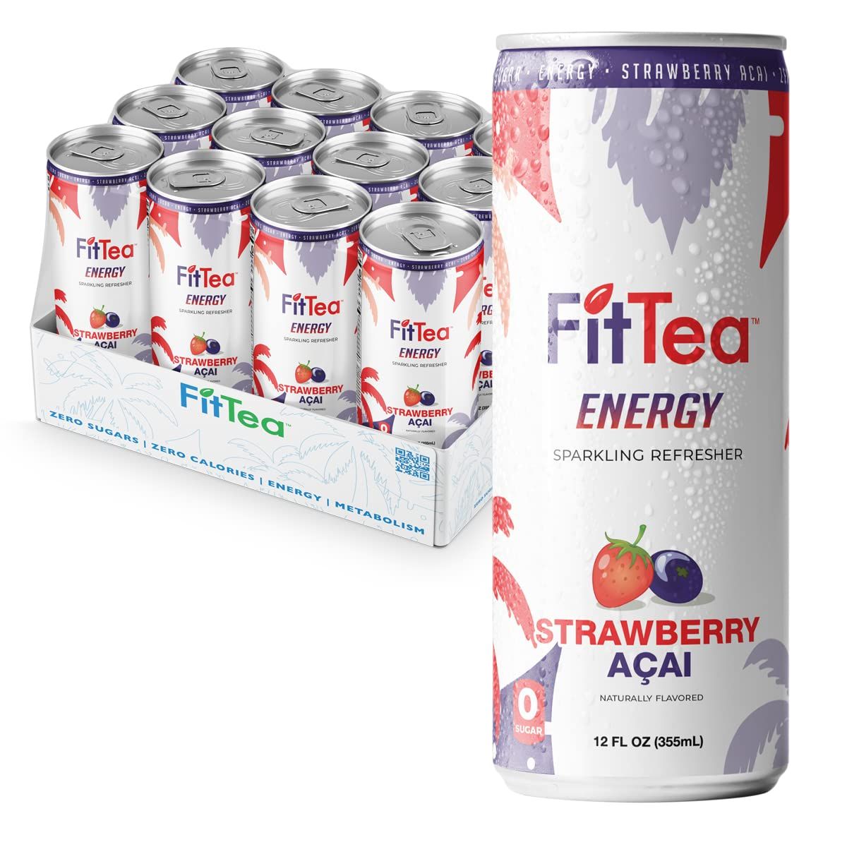 FitTea Healthy Energy Drink 12 Fl Oz - Strawberry Aai Sparkling Refresher (12 Pack) Natural Green Tea Energy Drinks Sugar Free