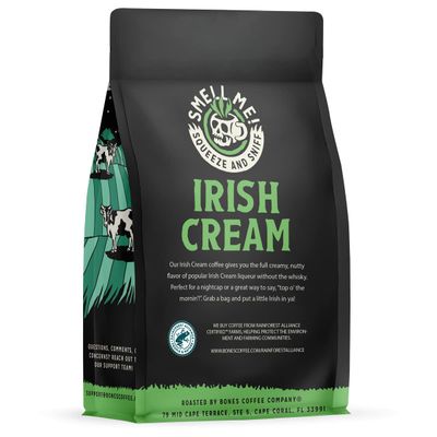 Bones Coffee Company Irish Cream Whole Coffee Beans Nutty Flavor, Low Acid Flavored Coffee, Made with Arabica Coffee Beans, Medium Roast Gourmet Coffee, Coffee Lover Gift Ideas (12 oz)